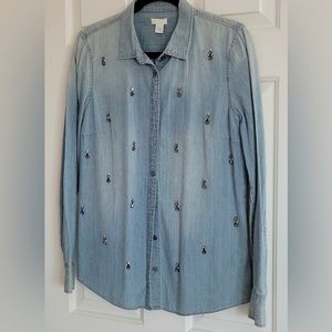J Crew denim blouse with beading size 8